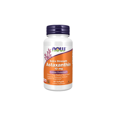 A bottle of Now Foods Astaxanthin, Extra Strength 10 mg with 60 softgels, derived from Haematococcus pluvialis, is expertly labeled for cellular protection and antioxidant support.